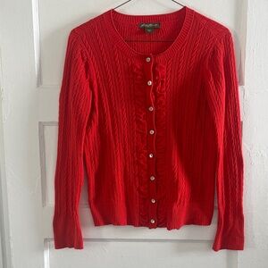 Eddie Bauer Red Ruffle Front Cardigan